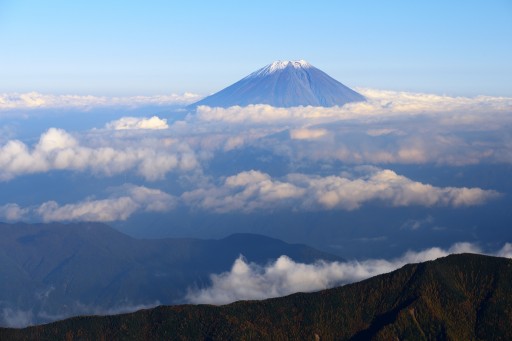 悪沢岳より望む富士山と雲海の写真