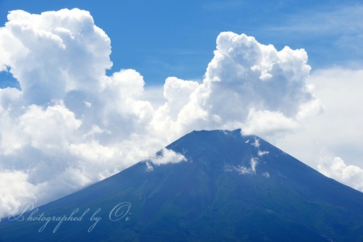 忍野村より望む入道雲と夏の富士山の写真