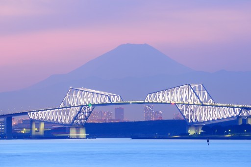 舞浜から望む東京ゲートブリッジと富士山のシルエットの写真