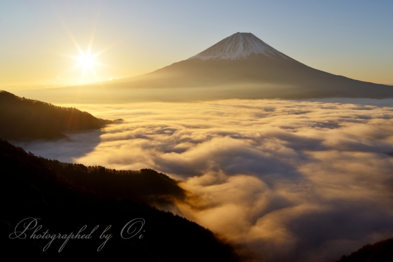 精進湖より望むご来光と雲海と富士山