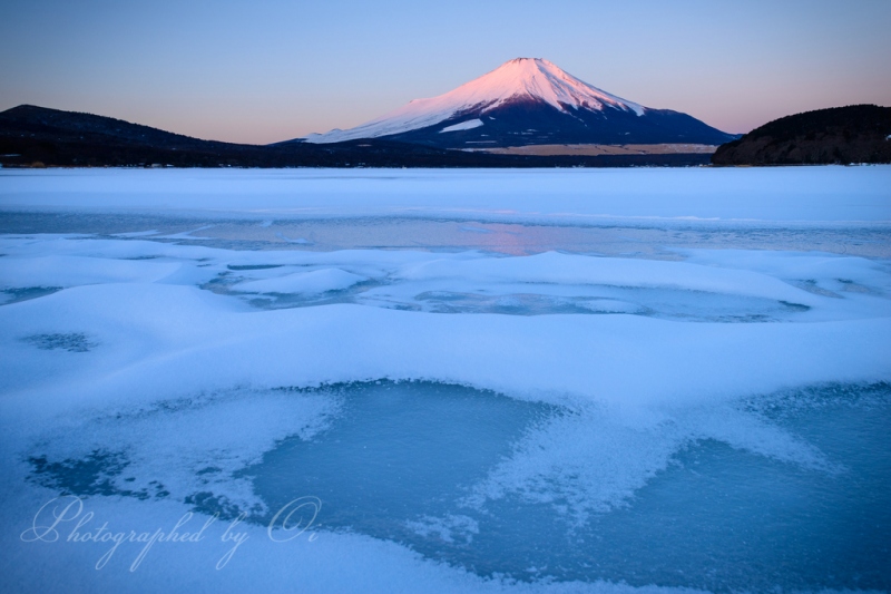 氷結した山中湖より望む富士山（紅富士）