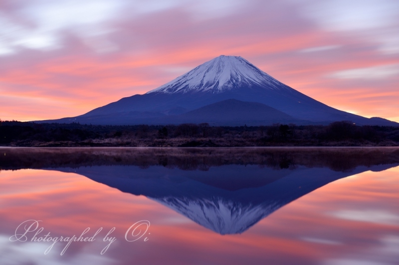 精進湖より望む朝焼けの富士山