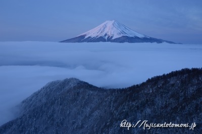 三つ峠の雲海と紅富士