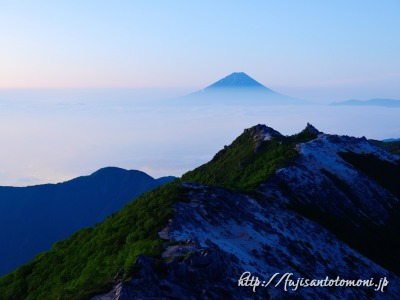 観音岳から夜明けの富士山と新緑、雲海