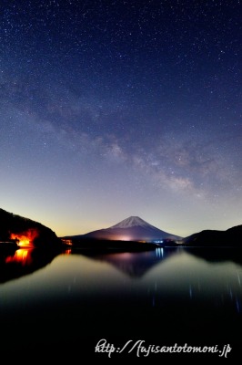 Nikon Capture NX 2で現像した天の川と富士山の写真（本栖湖より撮影）