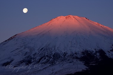 月が富士に歩み寄ると、鮮烈に色づいた。  ― 静岡県駿東郡小山町 2017年2月