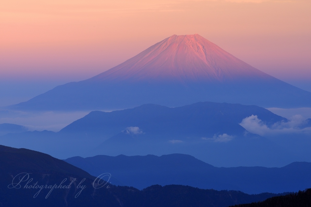 ׏河内岳より望む富士山࿸赤富士࿹と山並みの写真̌̎麗しき朱輝̏ - 南アルプス中・南部エリア࿸静岡ݼ・長野ݼ࿹̍