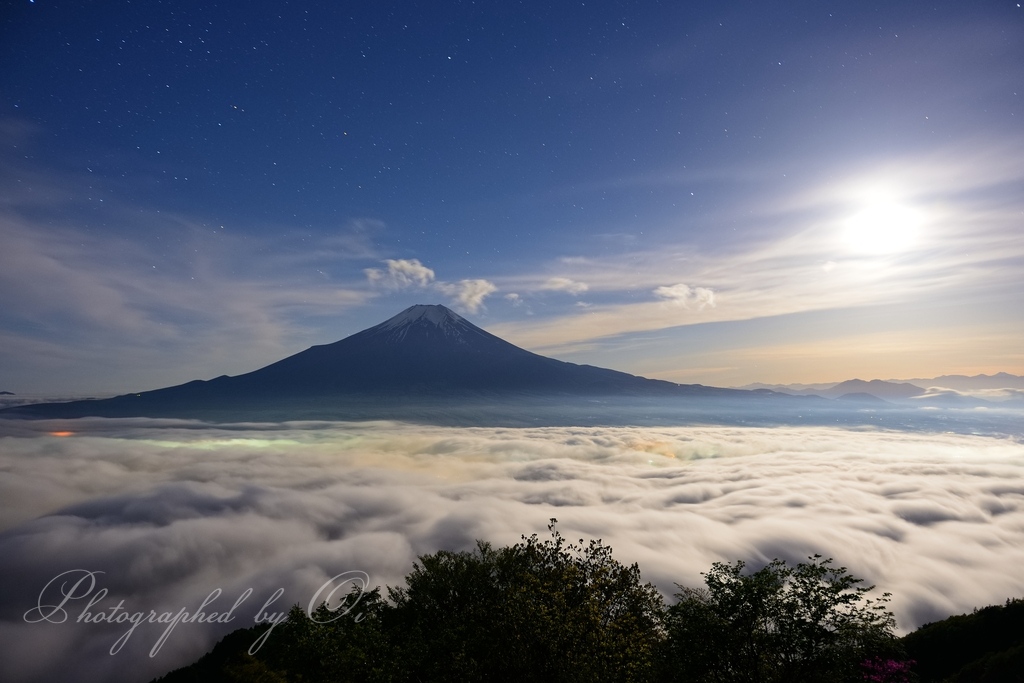 杓子山より望む雲海と富士山と月の写真