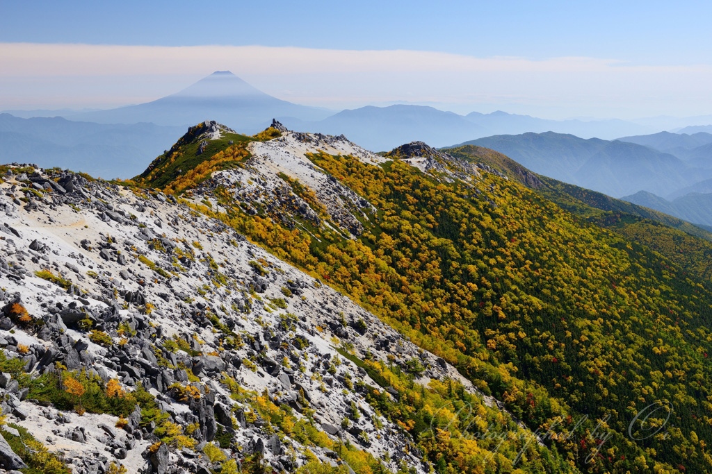 鳳凰ө山のߕ葉と冨士山の写真̌̎いろどりの稜線̏ - 南アルプス北部エリア࿸山梨ݼ࿹̍