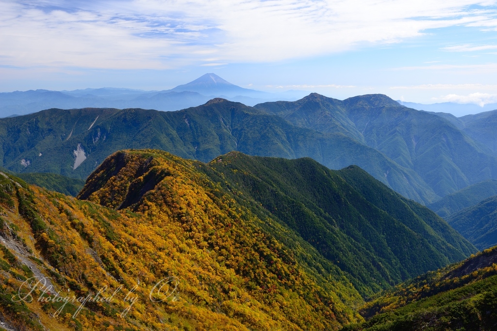 赤石岳から富士山と山並みの写真̌̎南部壮観̏ - 南アルプス中・南部エリア࿸静岡ݼ・長野ݼ࿹̍