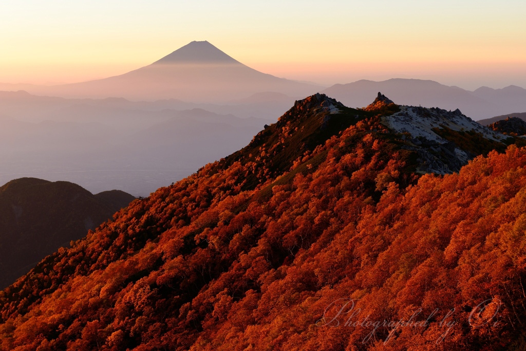 鳳凰ө山のߕ葉と富士山の写真̌̎秋景鮮やか̏ - 南アルプス北部エリア࿸山梨ݼ࿹̍