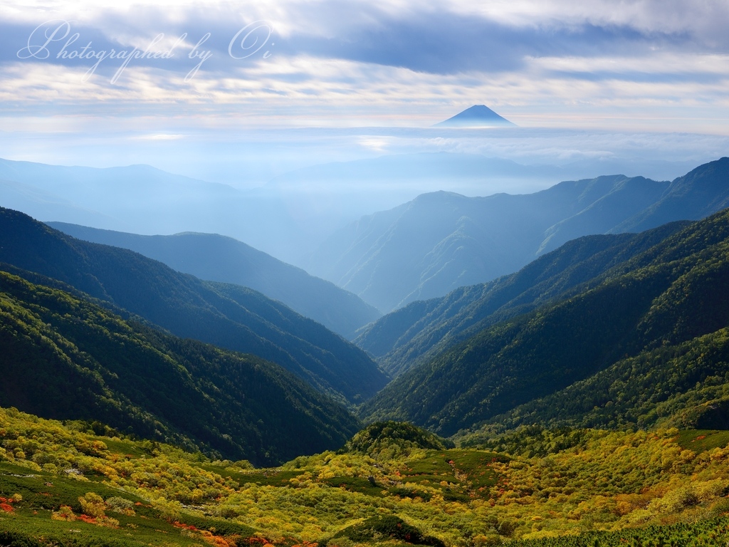 北岳のߕ葉と富士山の写真̌̎色づく渓谷́光ׄす̏ - 南アルプス北部エリア࿸山梨ݼ࿹̍