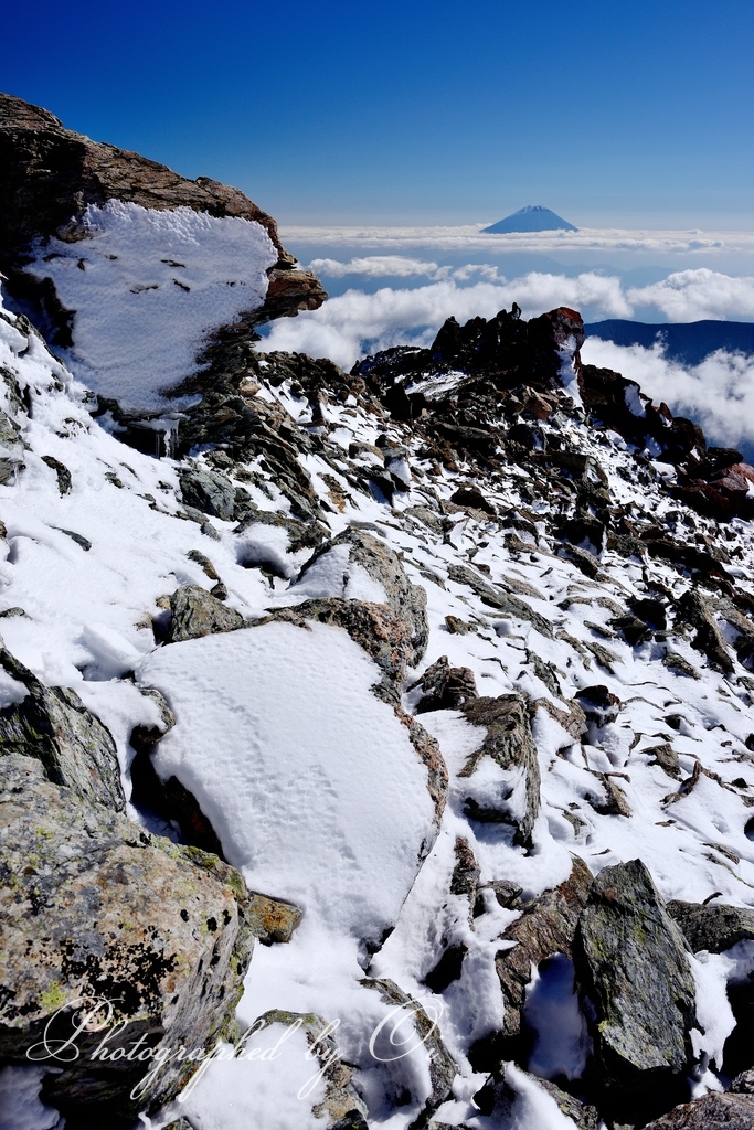 秋の悪沢岳より望む富士山と雲海の写真̌̎雪稜の向こうに̏ - 南アルプス中・南部エリア࿸静岡ݼ・長野ݼ࿹̍
