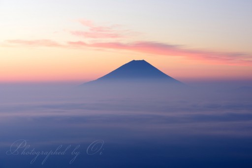 櫛形山の朝焼けと雲海の富士山の写真