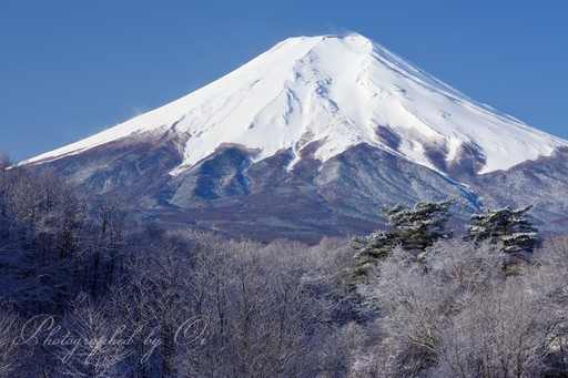 忍野村から望む富士山と雪景色の写真