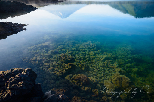 本栖湖溶岩岩場より望む湖底と新緑の逆さ富士の写真