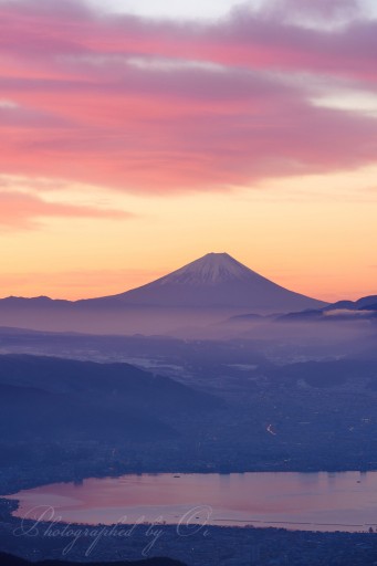 高ボッチからの朝焼けの富士山の写真