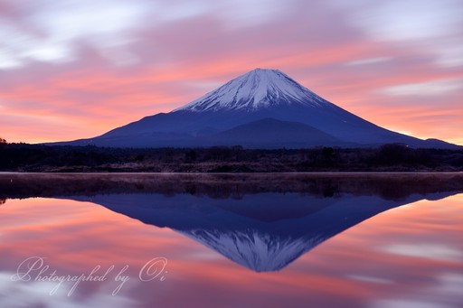 精進湖より望む朝焼けの富士山と逆さ富士の写真