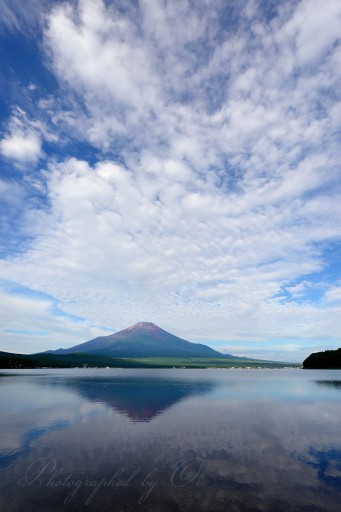 夏の山中湖の逆さ富士の写真