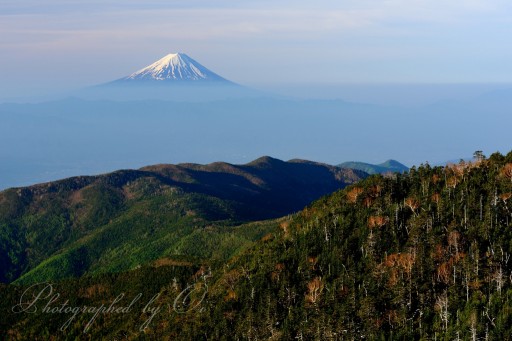国師ヶ岳から見た富士山の写真
