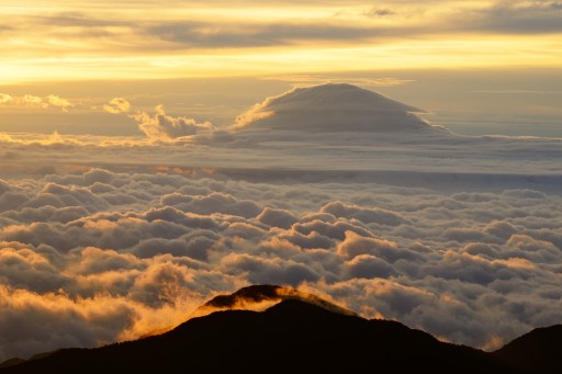 赤石岳から望む雲に包まれた富士山の写真