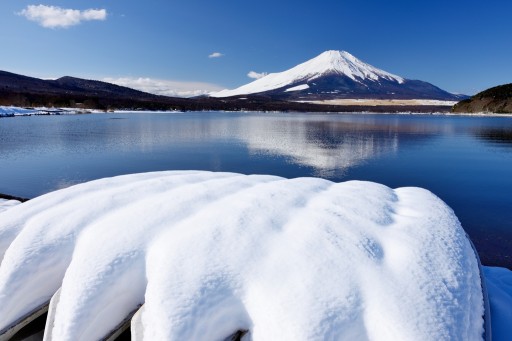 山中湖の雪景色と富士山の写真