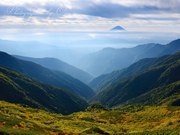 北岳の紅葉と富士山の写真 「色づく渓谷、光射す」