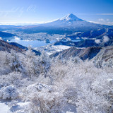 新道峠第一展望台より雪景色の富士山と河口湖の写真 「凛として」