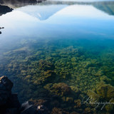 本栖湖溶岩岩場より望む湖底と新緑の逆さ富士の写真 「本栖ブルーに吸い込まれ」