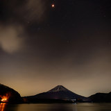 本栖湖より望む皆既月食と富士山の写真 「夜空に浮かぶ銅色の月」