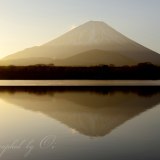精進湖の御来光と逆さ富士の写真 「朝陽に目を細め」