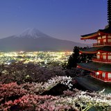 新倉山浅間公園・忠霊塔から望む満開の桜と富士山の写真 「未明の宴」